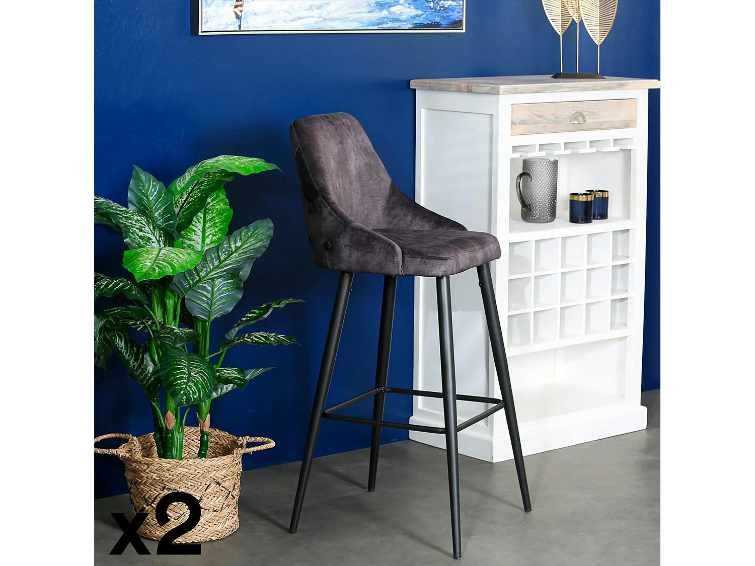 Chaise de bar velours gris anthracite (lot de 2) MALMOE