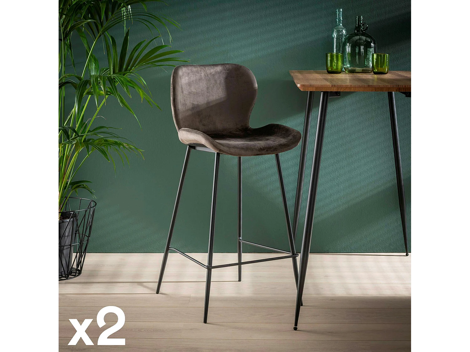 Chaise de bar en velours anthracite MELBOURNE (lot de 2)