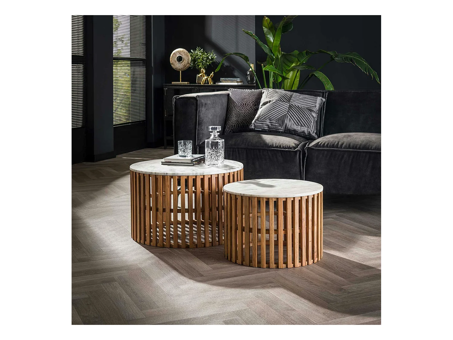 Table basse en marbre blanc et bois de manguier (lot de 2) DELHI