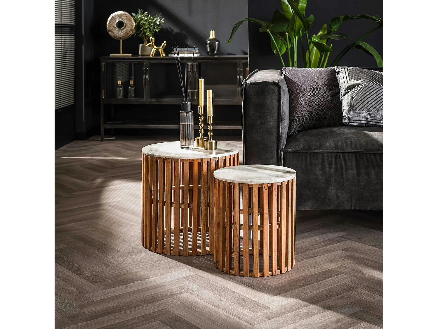 Bout de canapé en marbre blanc et bois de manguier (lot de 2) DELHI