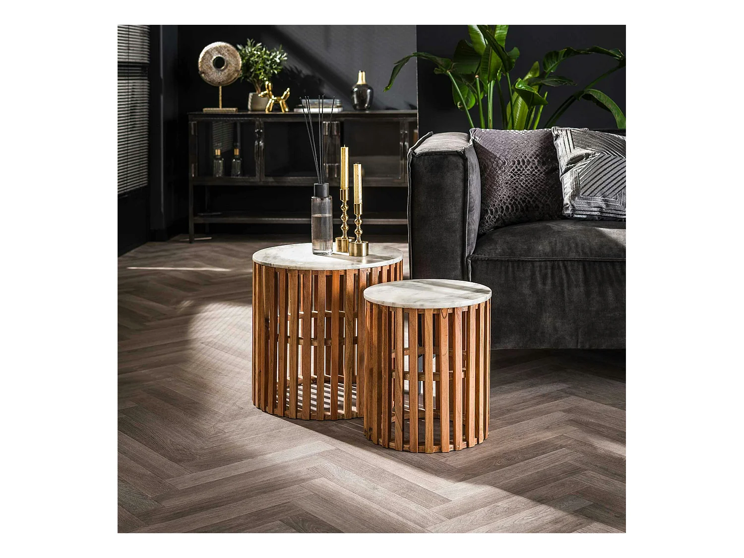 Bout de canapé en marbre blanc et bois de manguier (lot de 2) DELHI