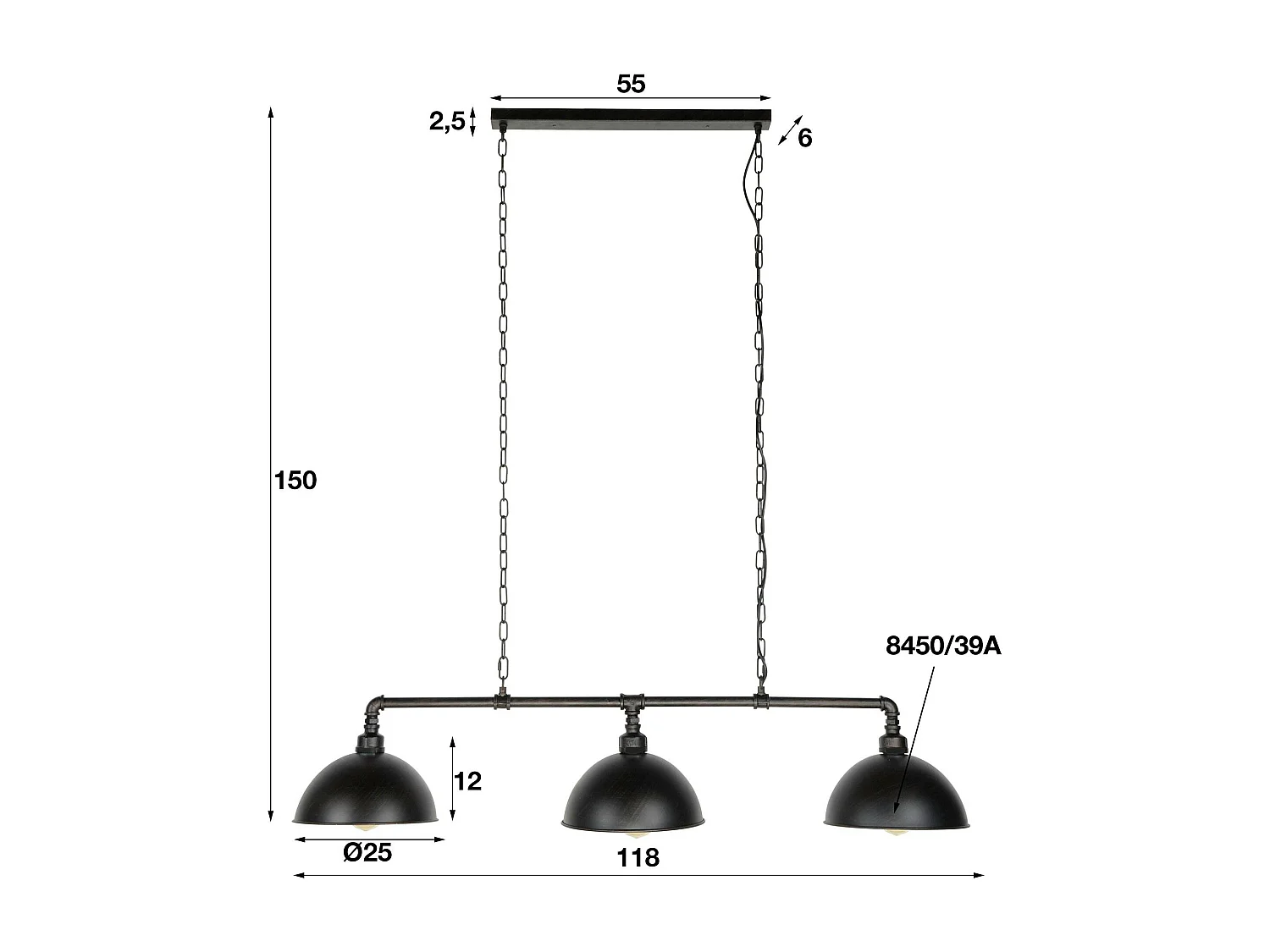 Suspension industrielle tuyau 3 demi-globes TRIBECA