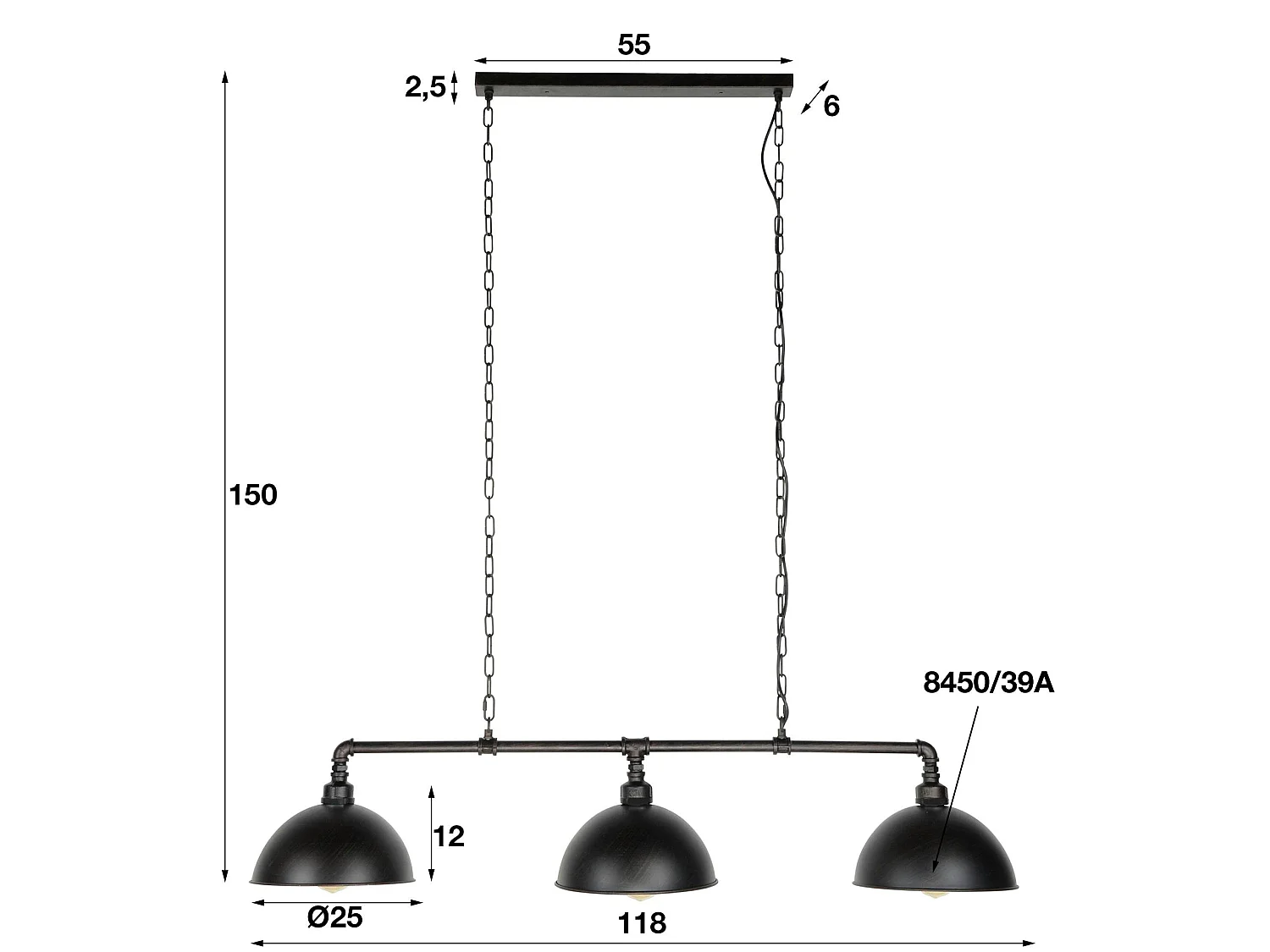 Suspension industrielle tuyau 3 demi-globes TRIBECA