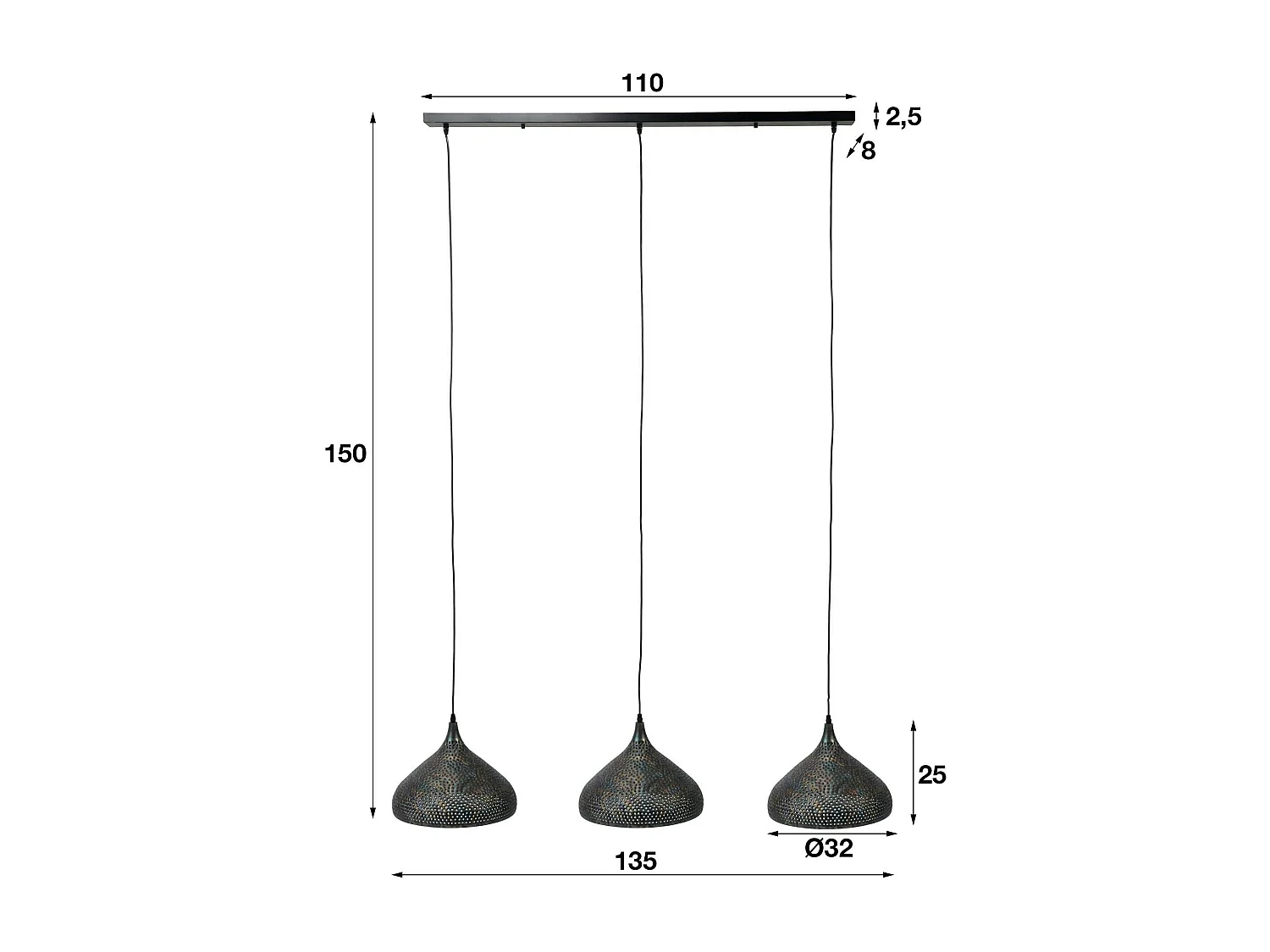 Suspension contemporaine ajourée 3 lampes forme bougie RALF