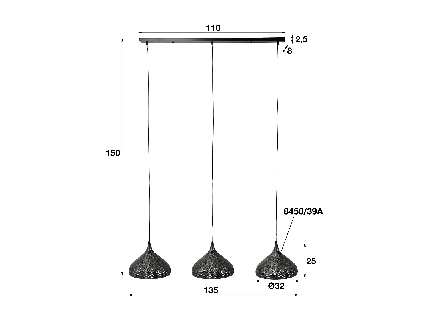 Suspension contemporaine ajourée 3 lampes forme bougie RALF