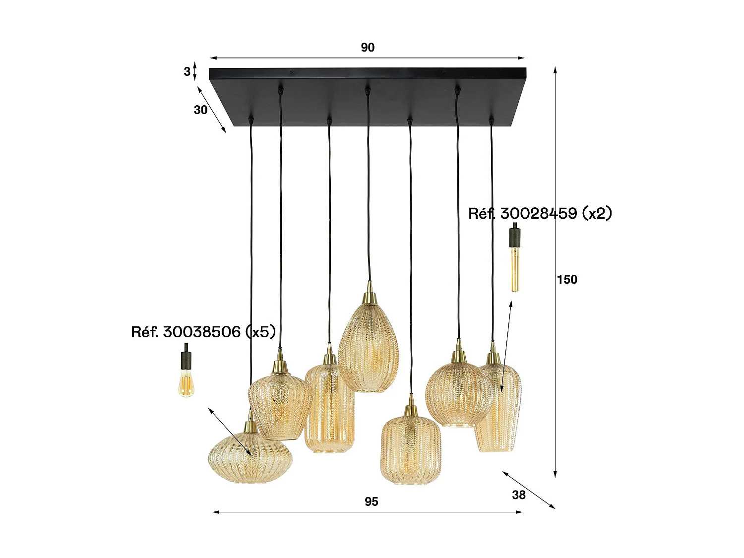 Suspension en verre ambré 7 lampes NOVA