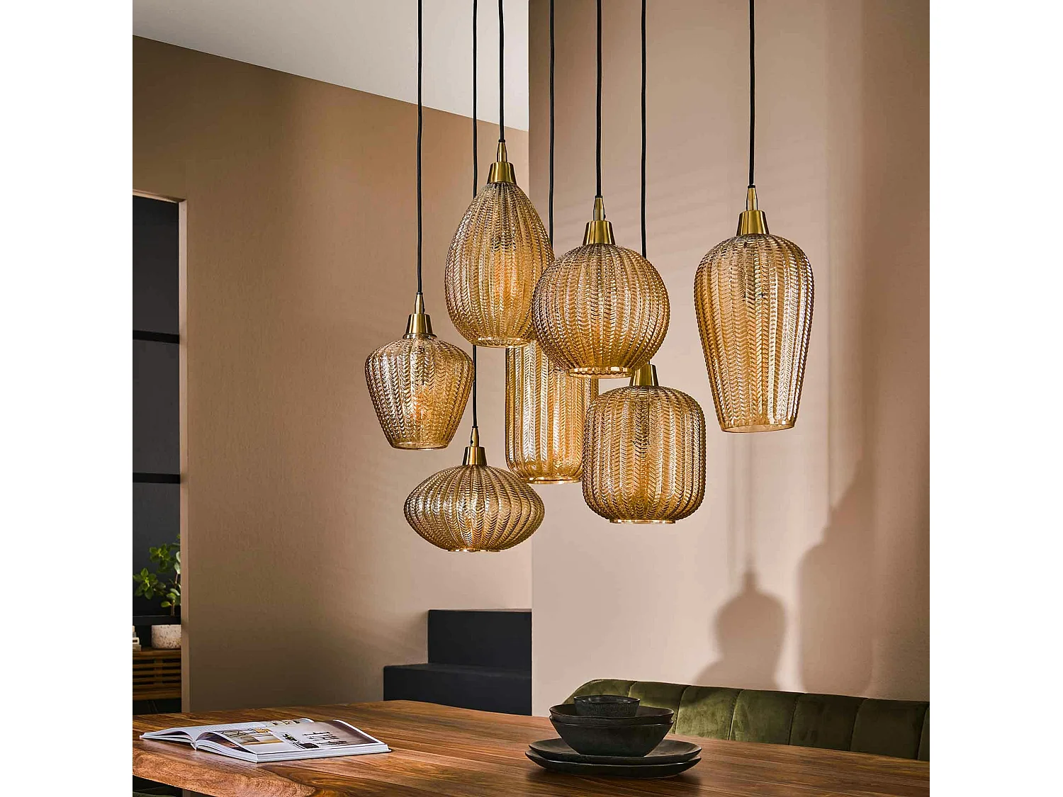 Suspension en verre ambré 7 lampes NOVA