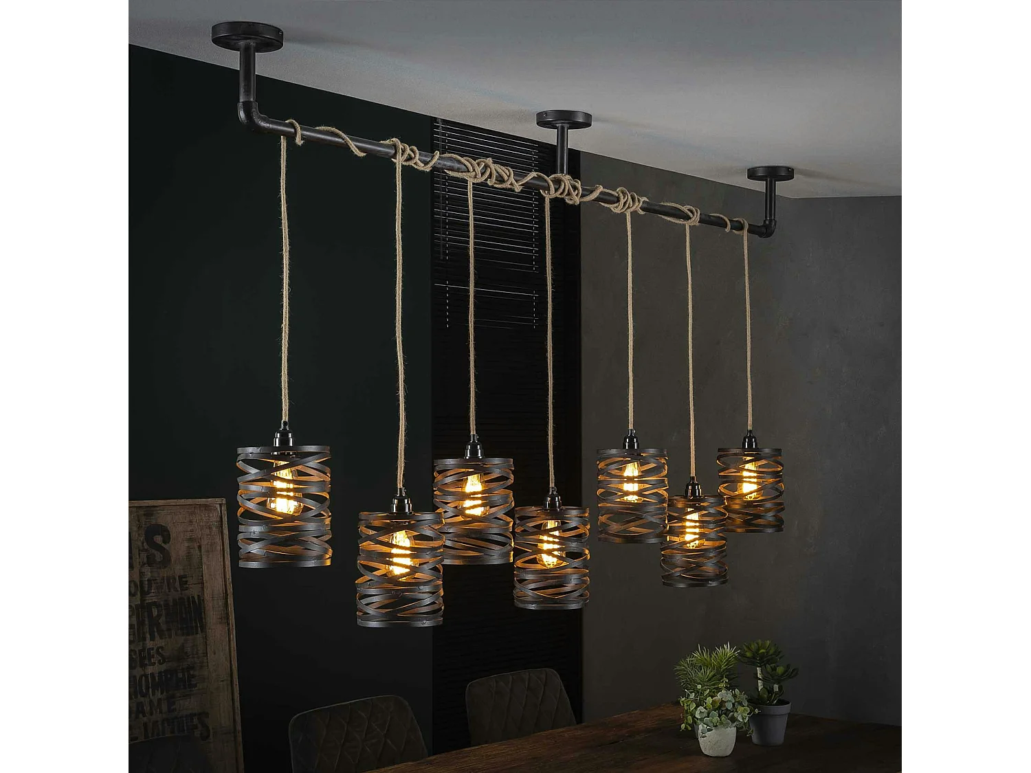 Suspension industrielle effet ruban gris ardoise 7 lampes RALF