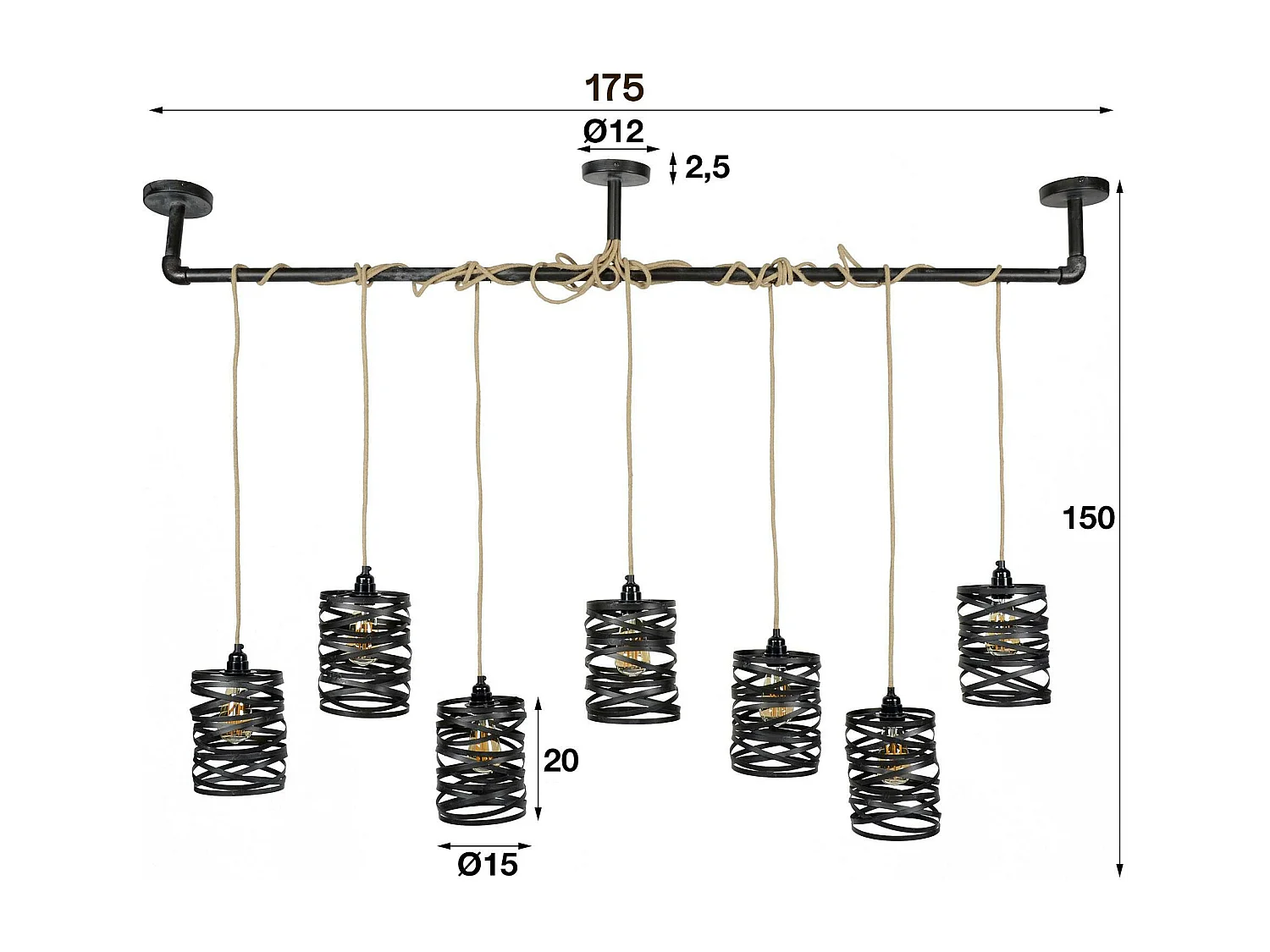 Suspension industrielle effet ruban gris ardoise 7 lampes RALF