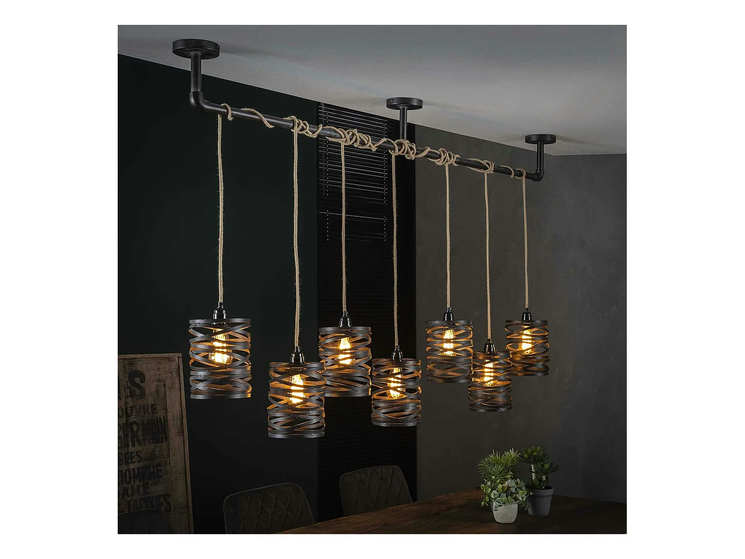 Suspension industrielle effet ruban gris ardoise 7 lampes RALF