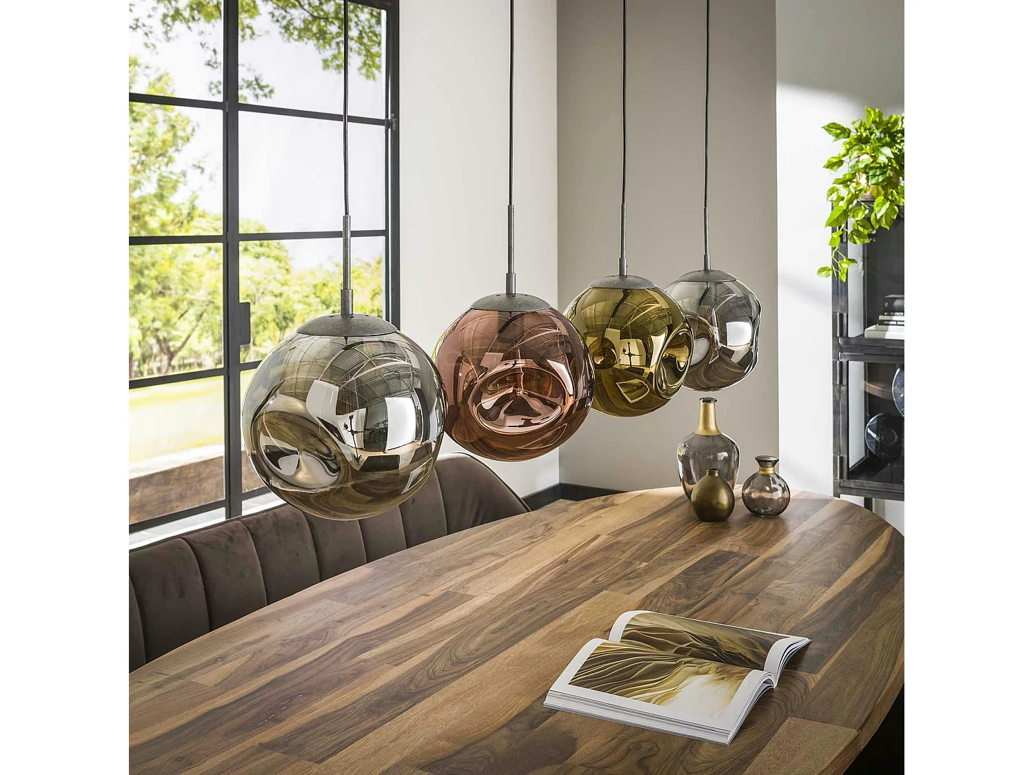 Suspension de table multiple en verre déformé or, cuivre et chrome NIAGARA