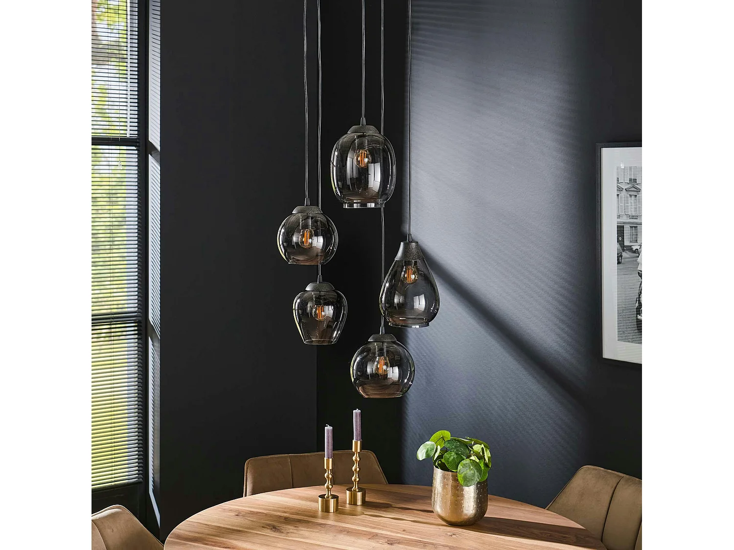 Suspension en verre chromé verticale avec ens. 5 abat-jour NOVA