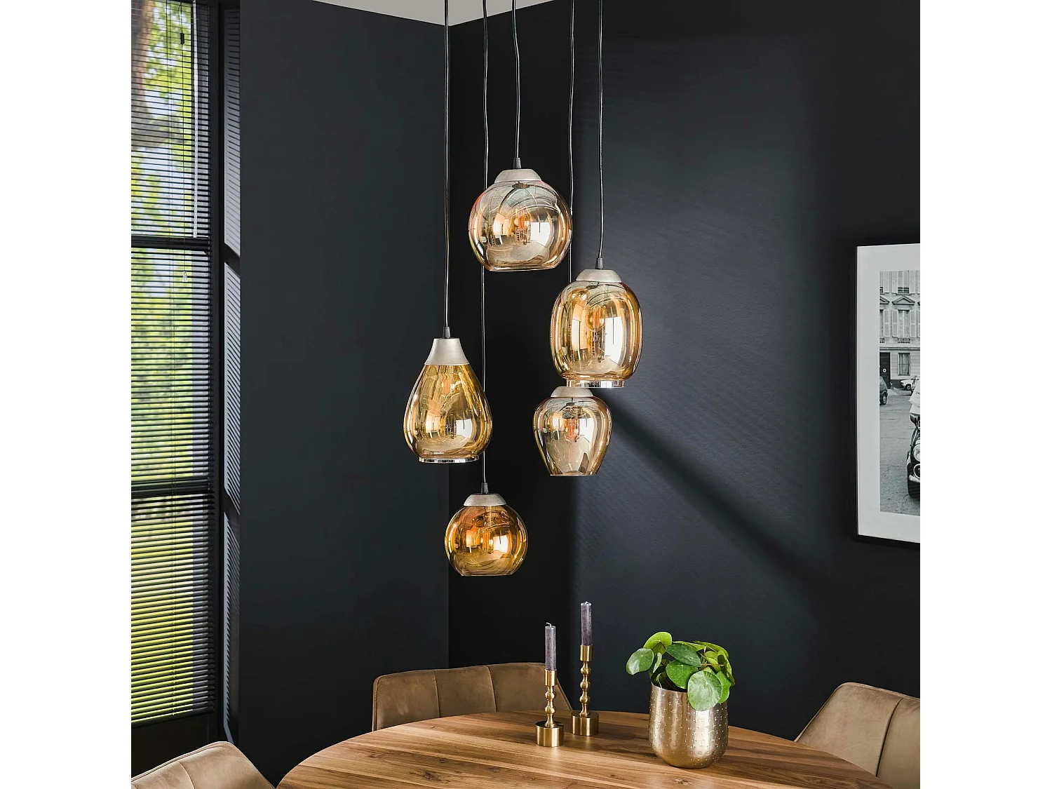 Suspension en verre ambré verticale avec ens. 5 abat-jour NOVA