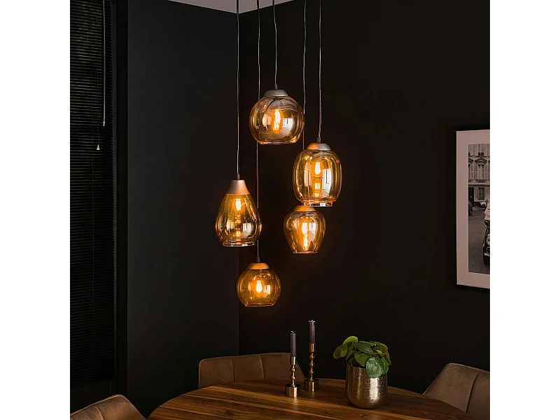 Suspension en verre ambré verticale avec ens. 5 abat-jour NOVA