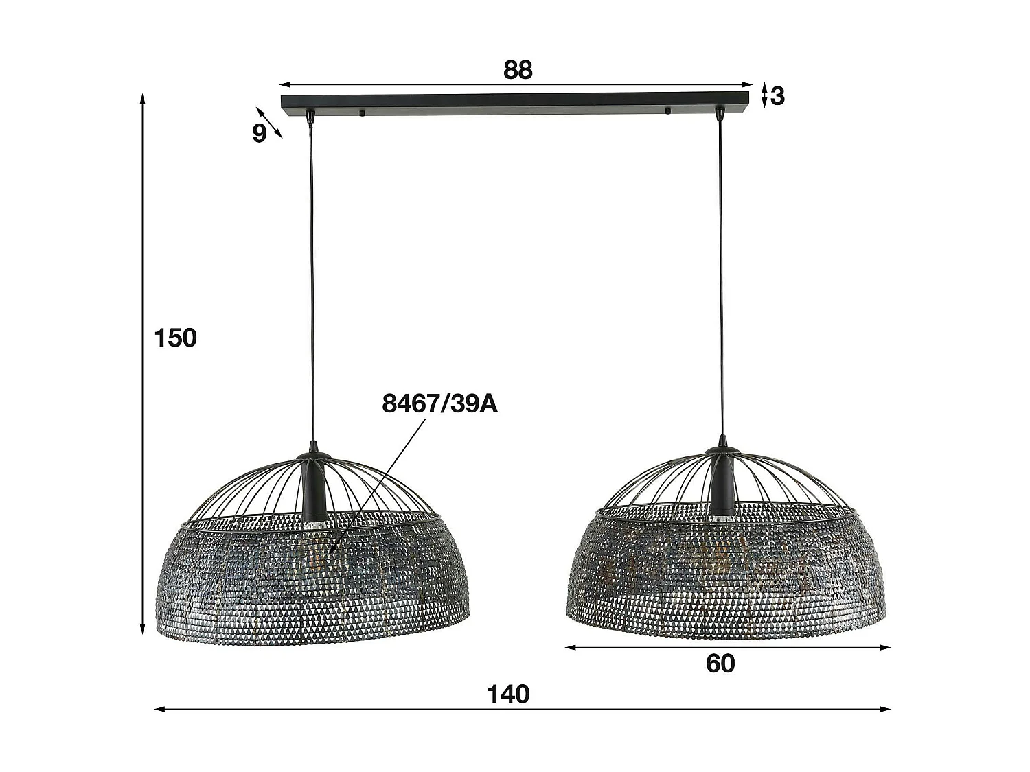 Suspension salle à manger effet dentelle 2 abat-jour XL TRIBECA