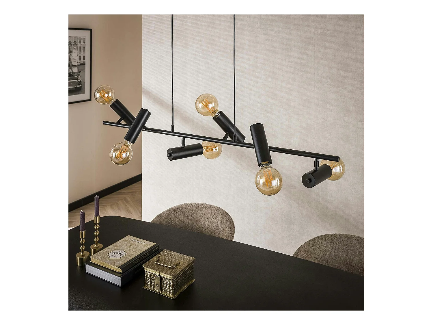 Suspension salle à manger tige 6 lampes, finition charbon RALF