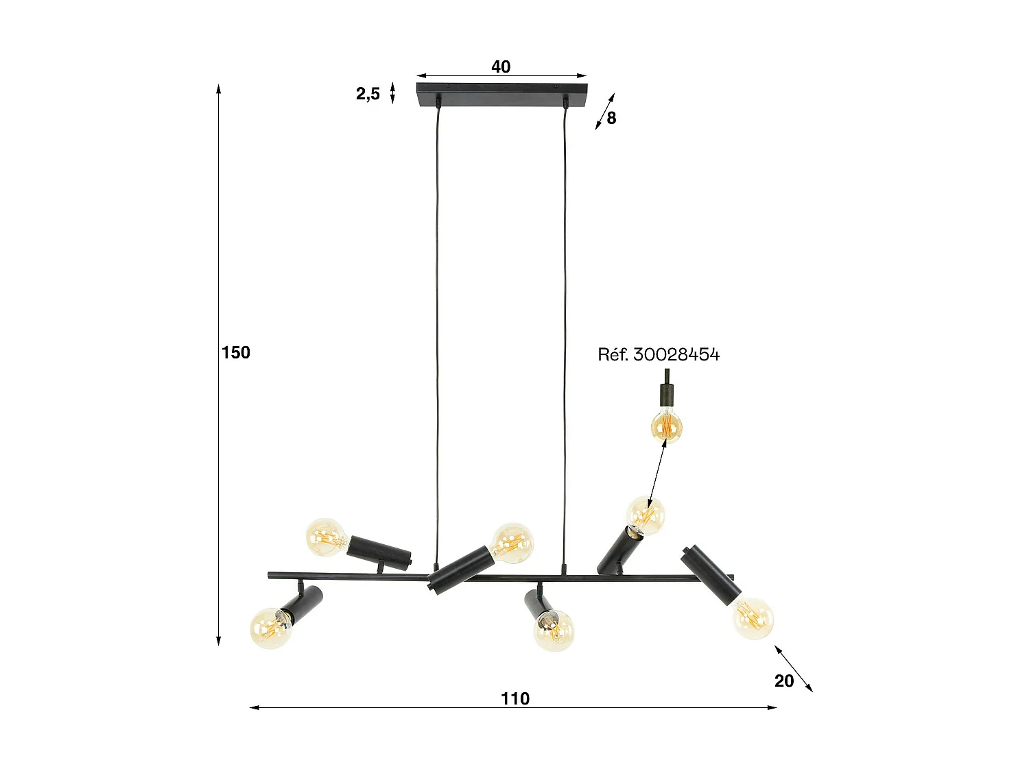 Suspension salle à manger tige 6 lampes, finition charbon RALF
