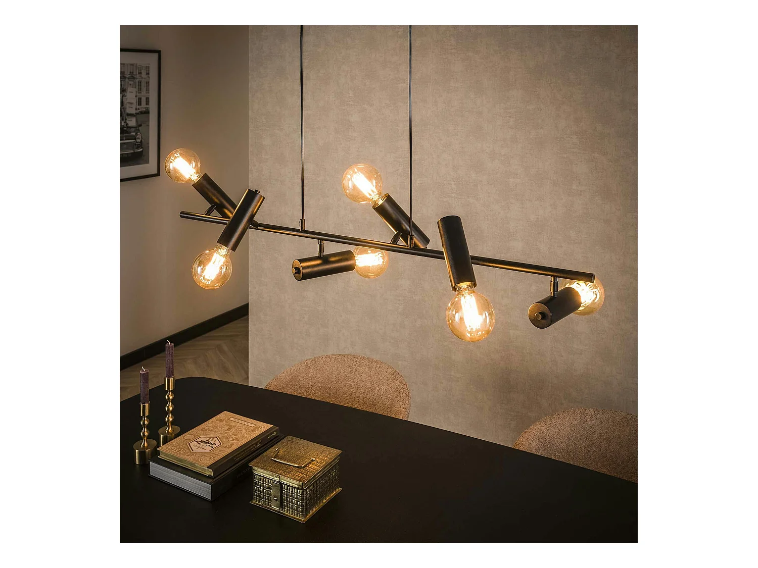 Suspension salle à manger tige 6 lampes, finition charbon RALF