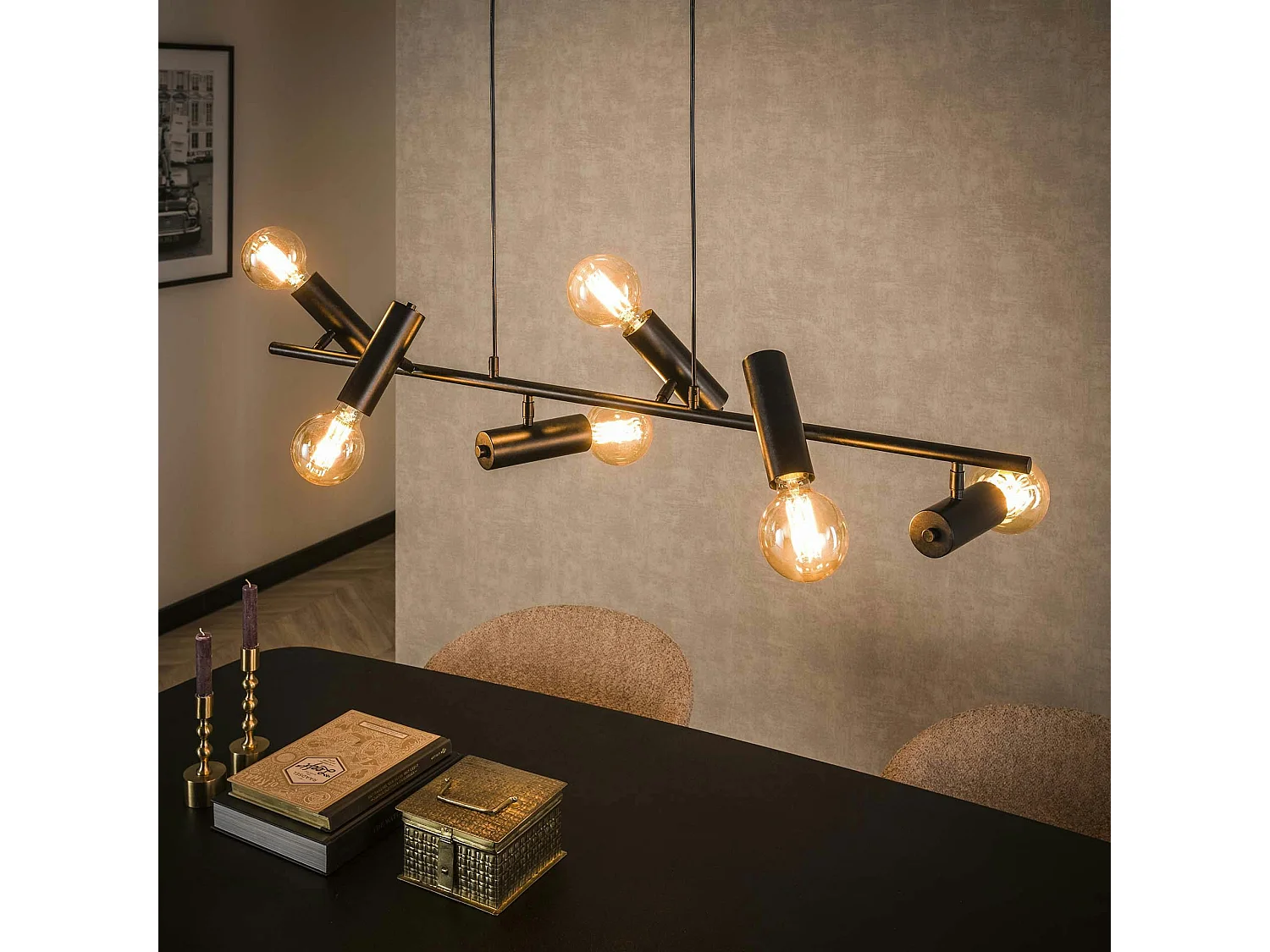 Suspension salle à manger tige 6 lampes, finition charbon RALF