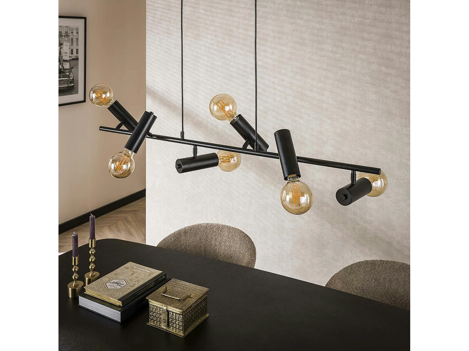 Suspension salle à manger tige 6 lampes, finition charbon RALF