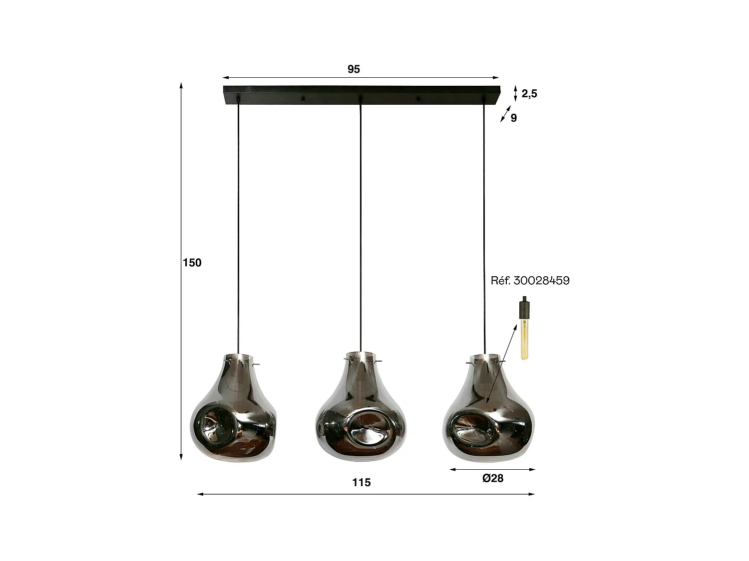 Suspension en verre chromé 3 abat-jour déformés avec tiges NOVA