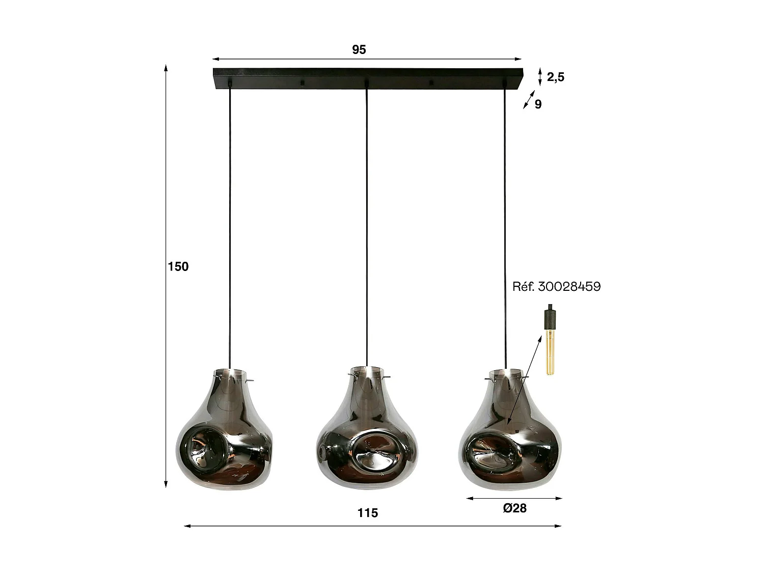 Suspension en verre chromé 3 abat-jour déformés avec tiges NOVA