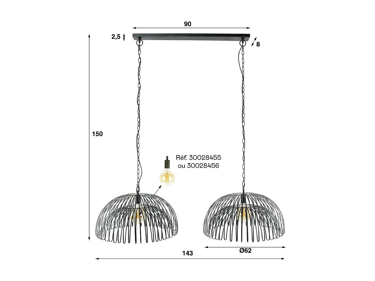Suspension salle à manger indus 2 lampes forme dôme RALF