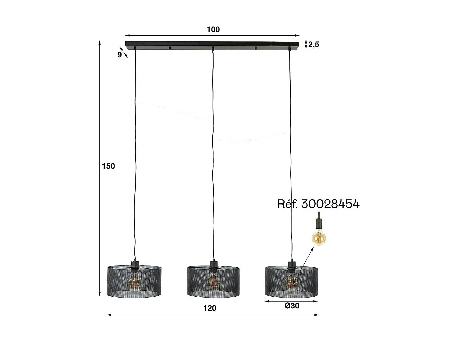 Suspension noire en métal percé 3 abat-jour RALF