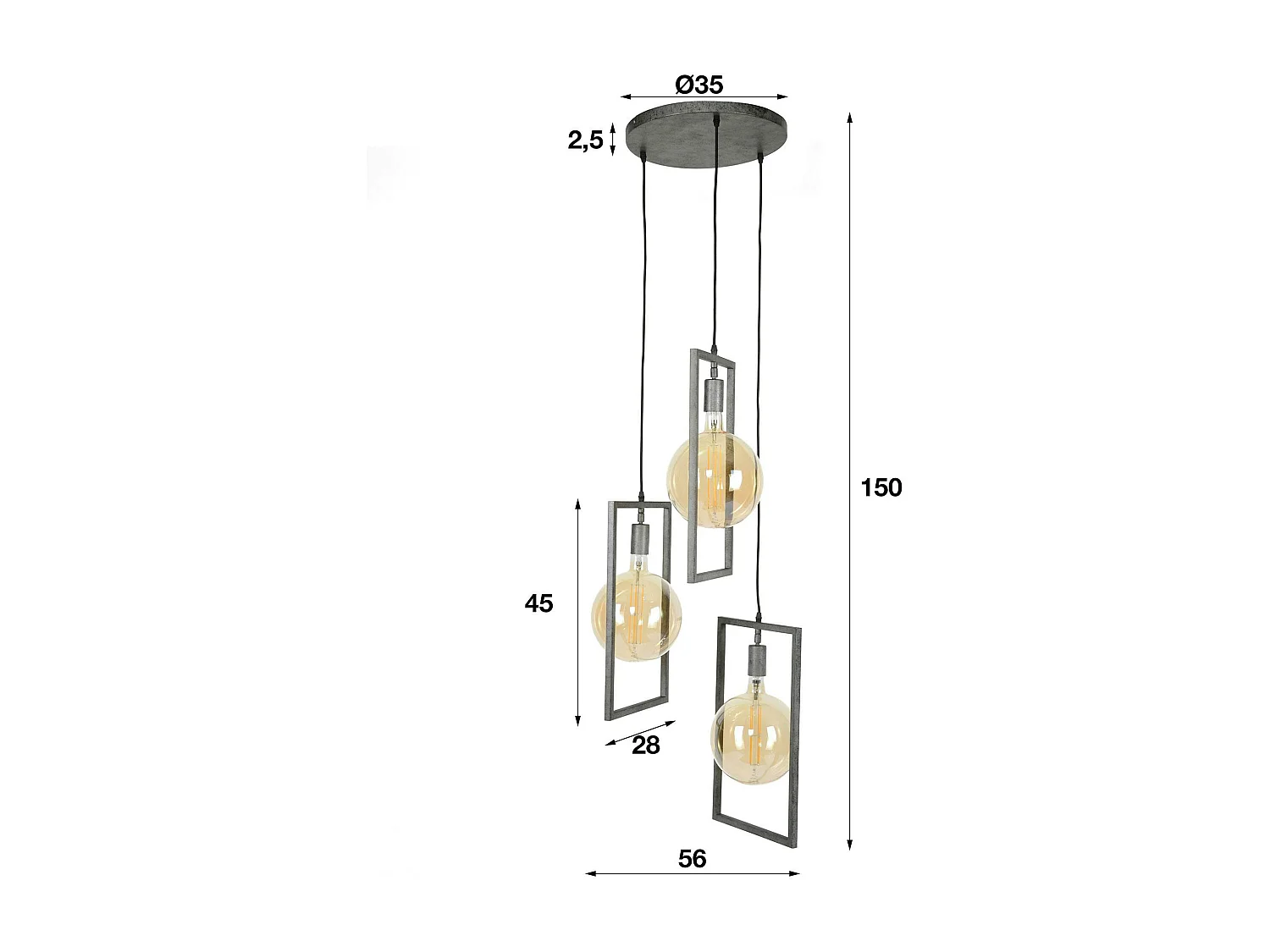 Suspension industrielle graphique 3 lampes cadre métal TRIBECA