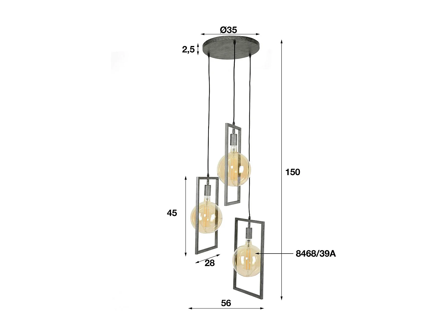 Suspension industrielle graphique 3 lampes cadre métal TRIBECA