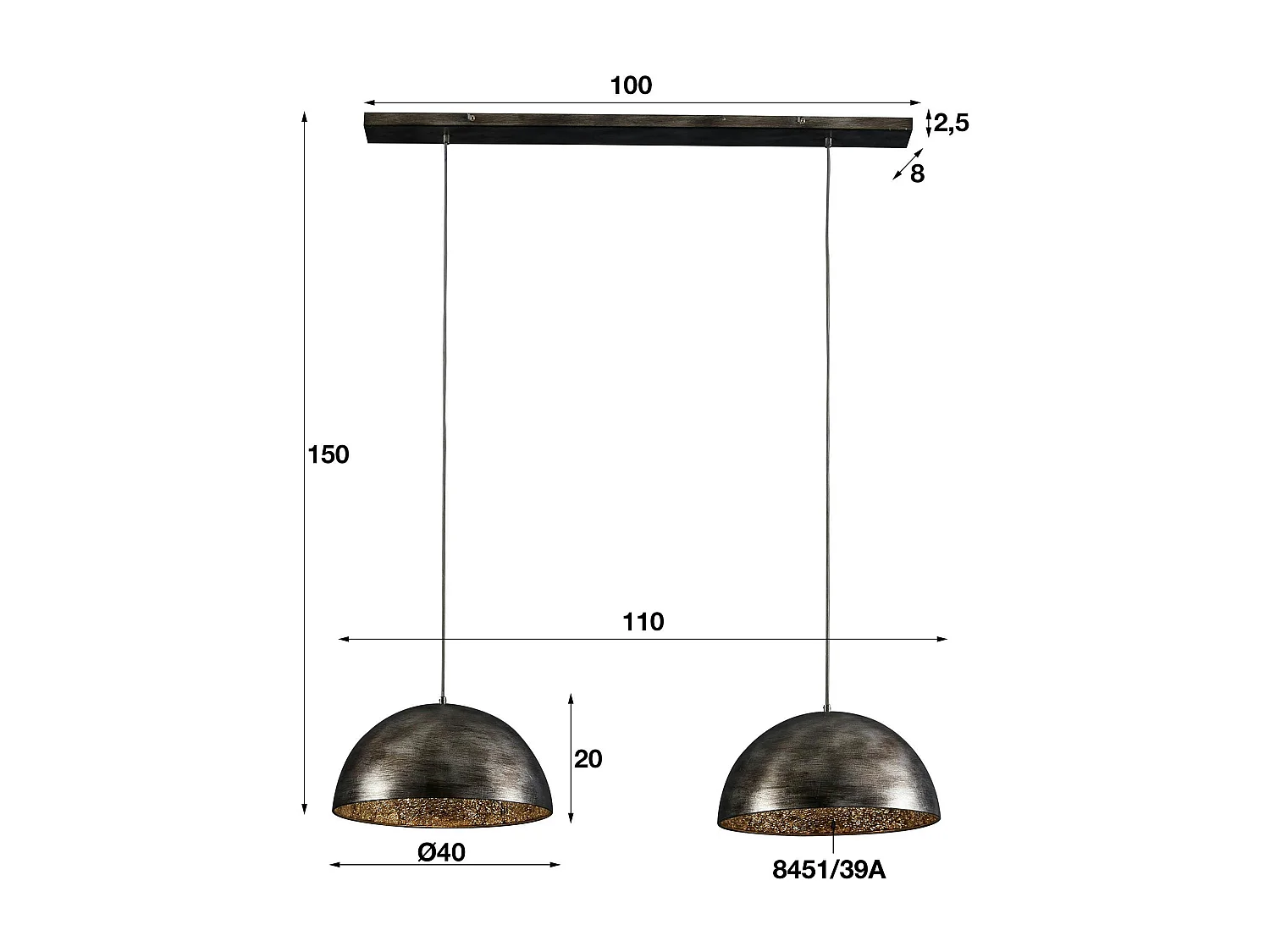 Suspension contemporaine 2 demi-sphères argent vieilli