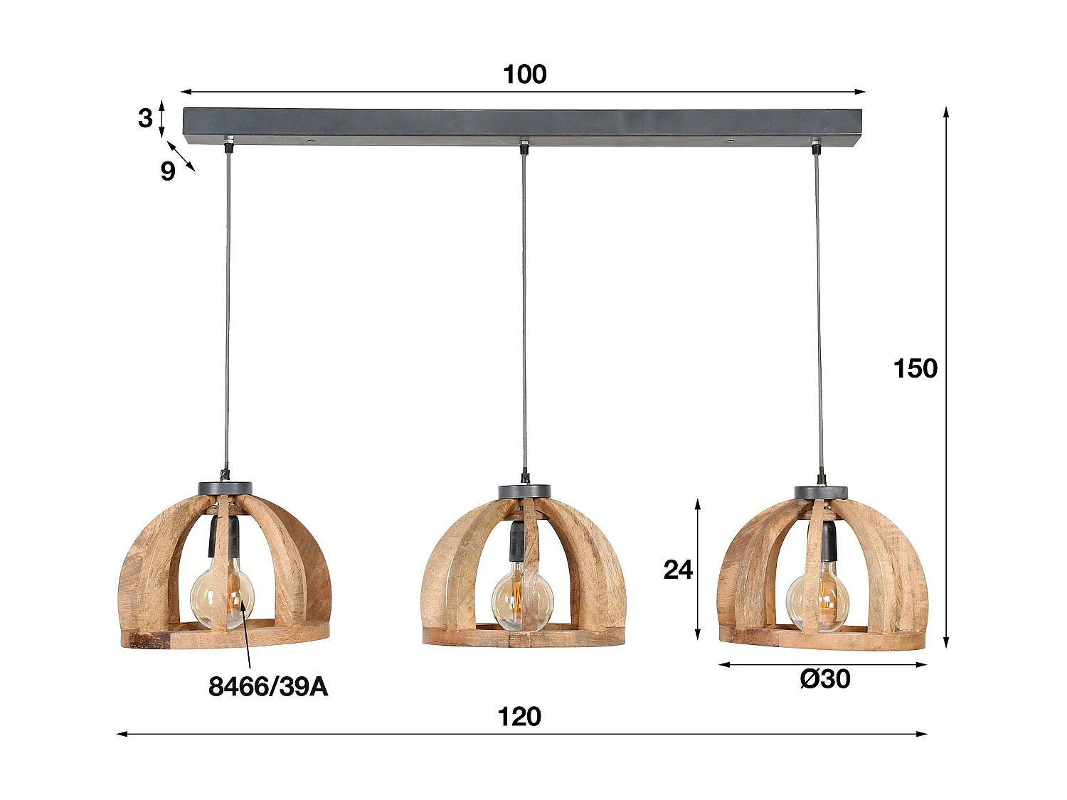 Suspension contemporaine 3 lampes ajourées bois de manguier LUCKNOW