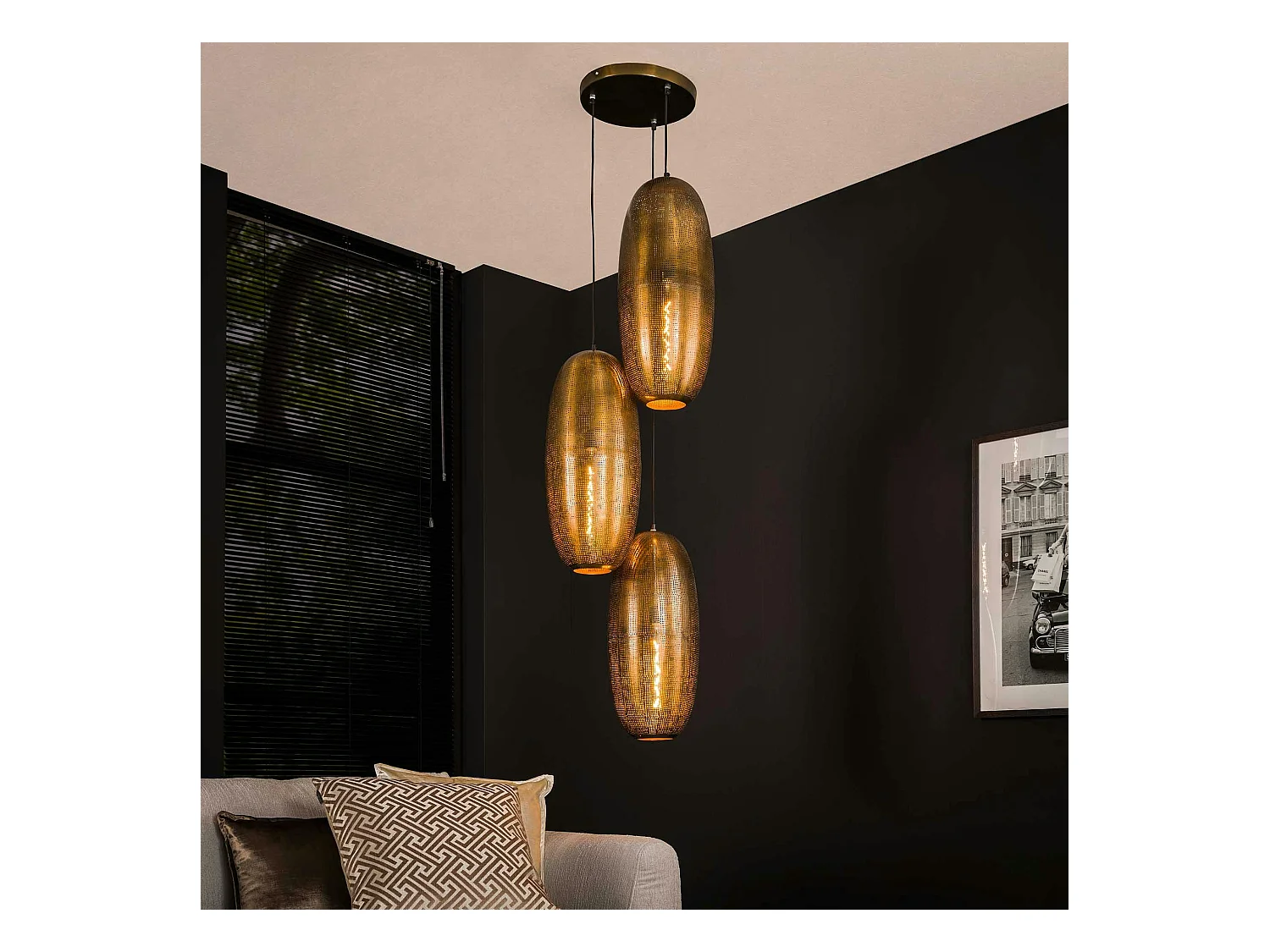 Suspension vintage 3 lampes cuivrées forme ellipse RALF