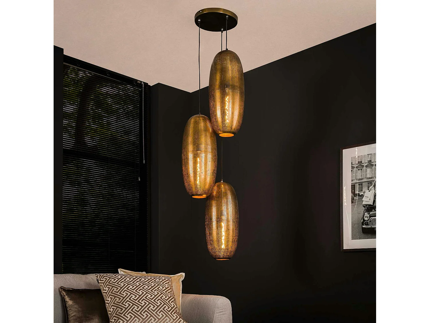 Suspension vintage 3 lampes cuivrées forme ellipse RALF