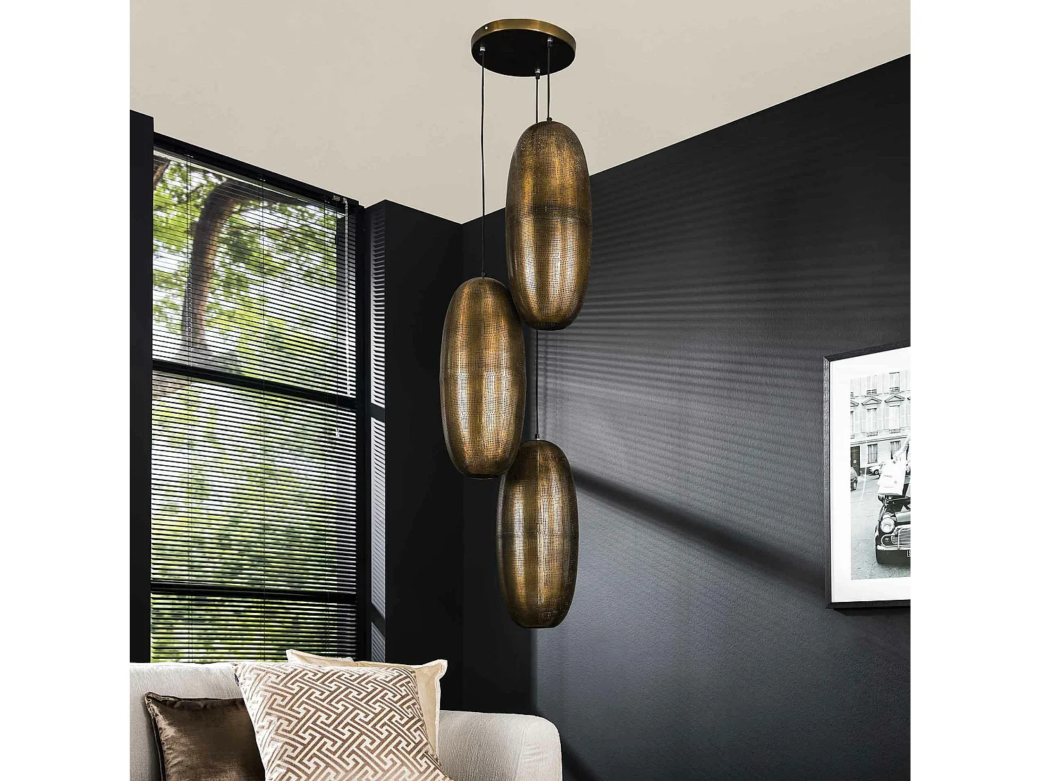 Suspension vintage 3 lampes cuivrées forme ellipse RALF