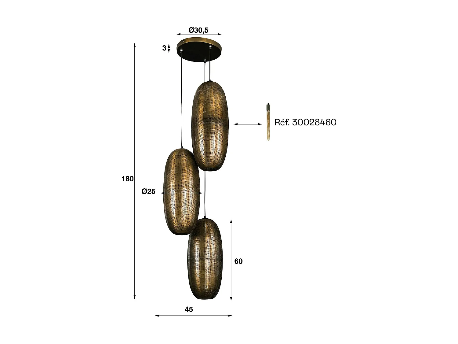 Suspension vintage 3 lampes cuivrées forme ellipse RALF