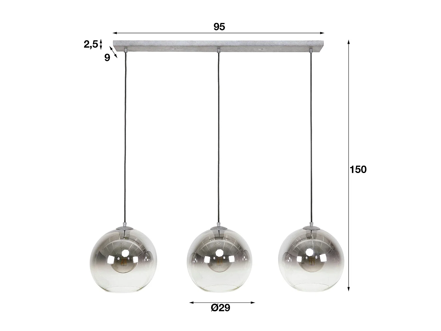 Suspension de table à manger en verre fumé 3 globes XL RALF
