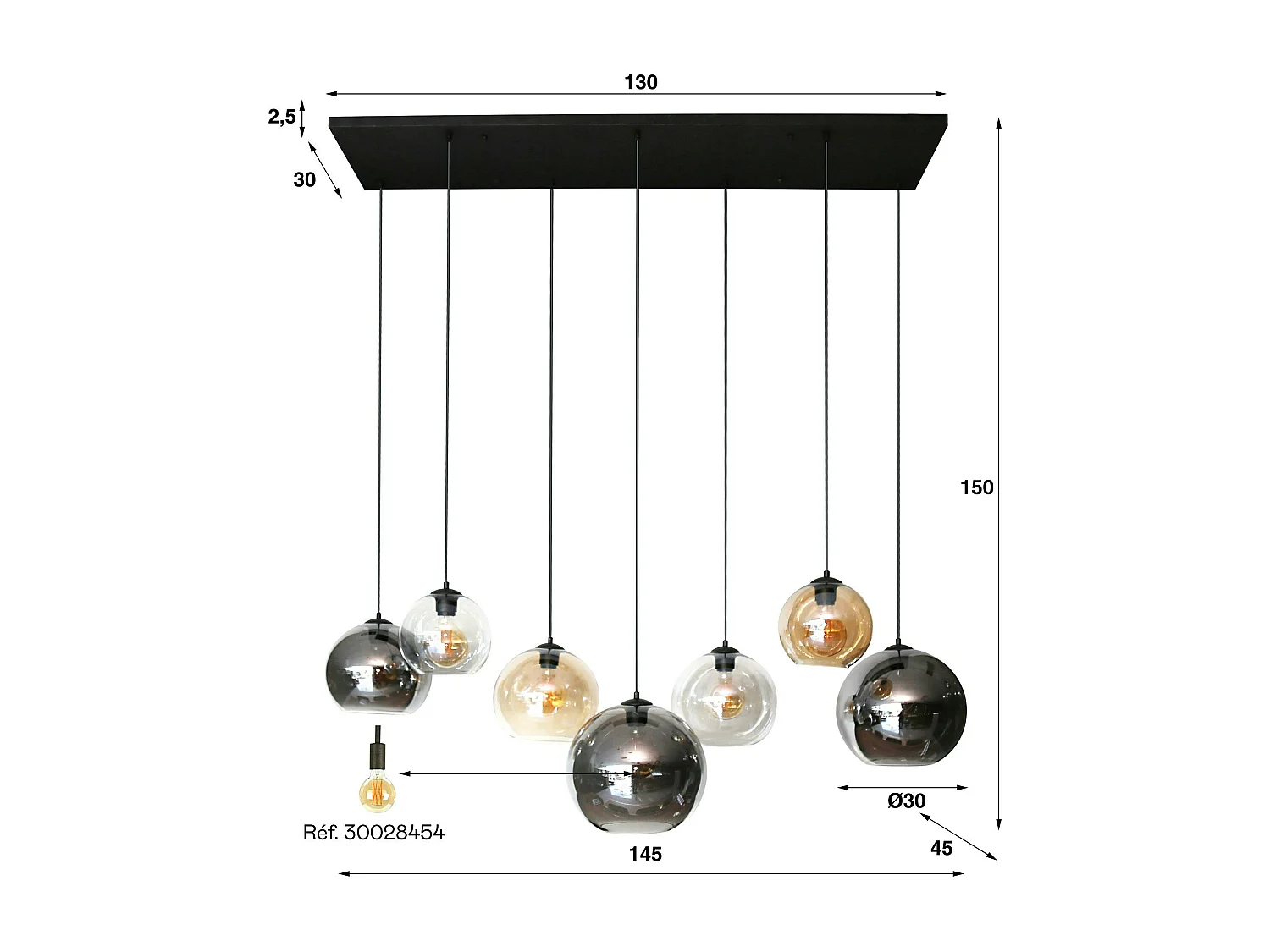 Suspension globe 7 lampes multicolores NOVA