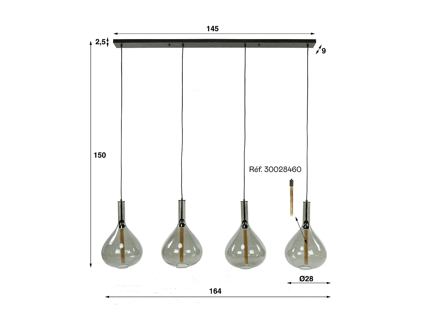 Suspension en verre fumé forme goutte 4 lampes NOVA