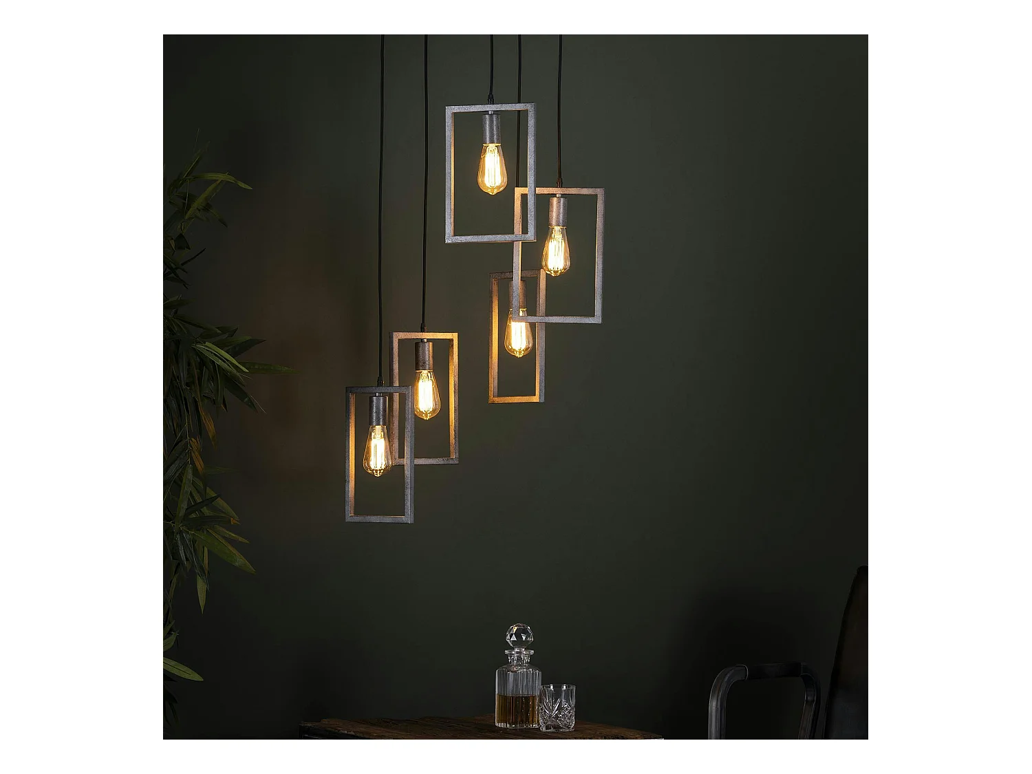 Suspension industrielle 5 lampes graphiques étagées argent vieilli RALF