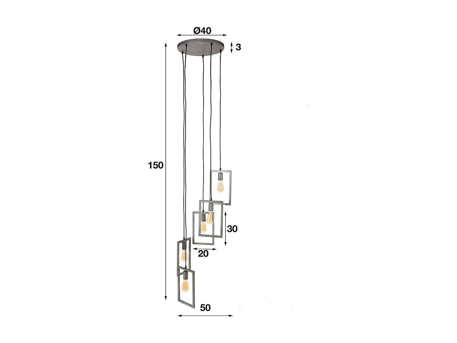 Suspension industrielle 5 lampes graphiques étagées argent vieilli RALF