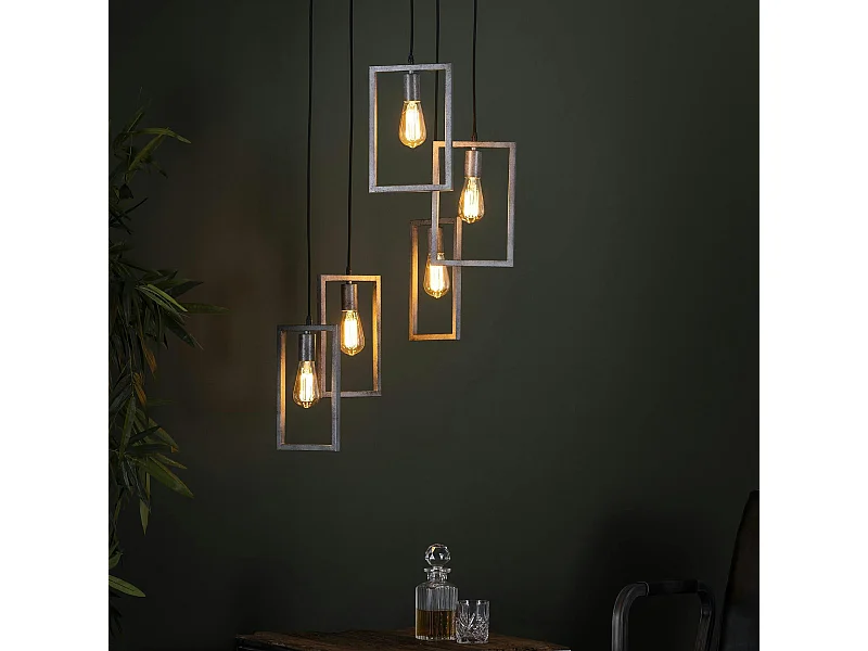 Suspension industrielle 5 lampes graphiques étagées argent vieilli RALF