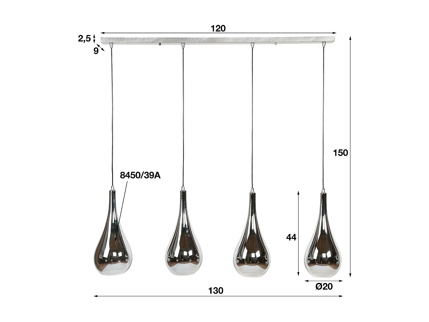 Suspension moderne 4 lampes gouttes verre chromé RALF