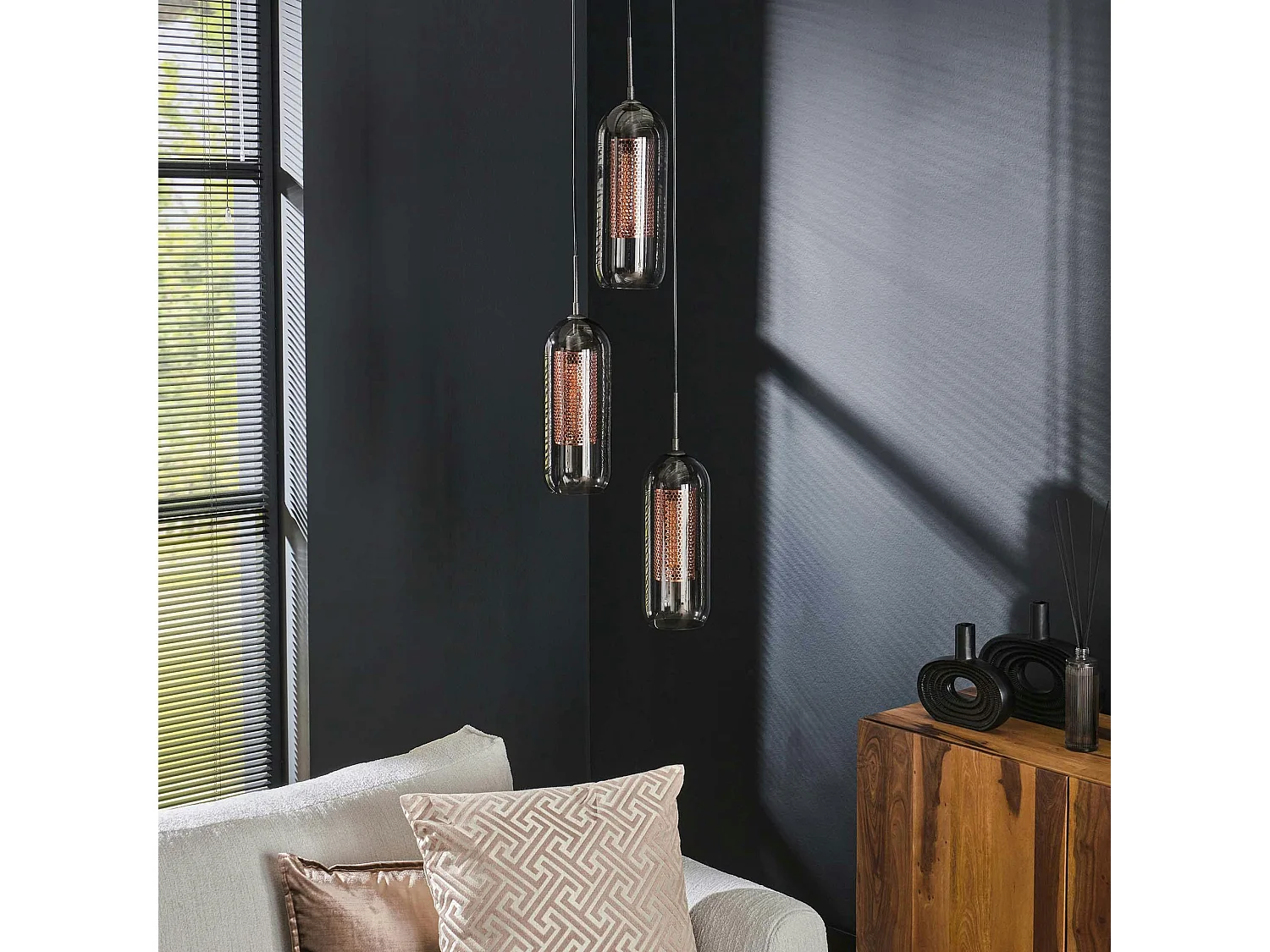 Suspension en verre fumé et métal cuivré 3 lampes NOVA