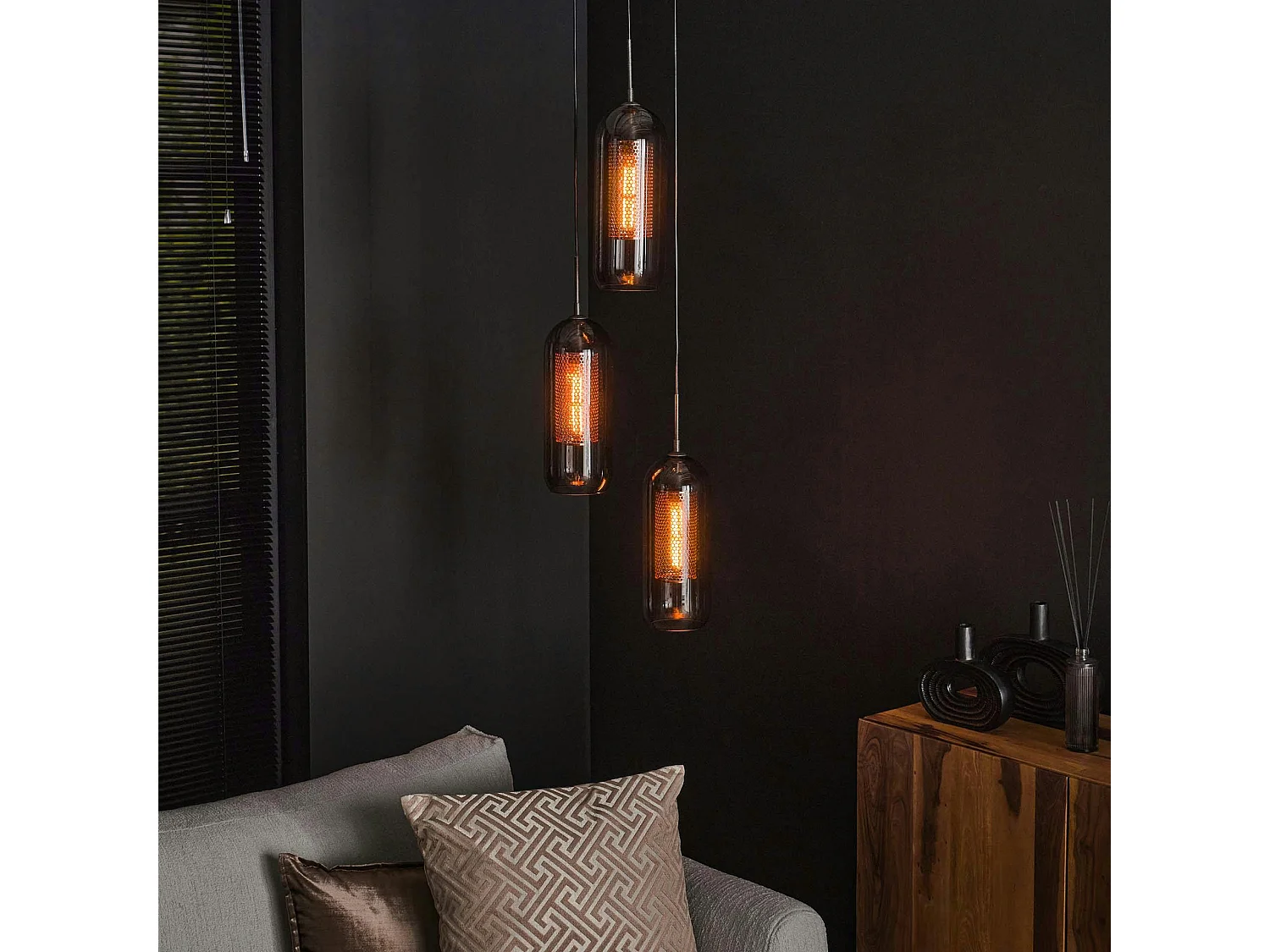 Suspension en verre fumé et métal cuivré 3 lampes NOVA