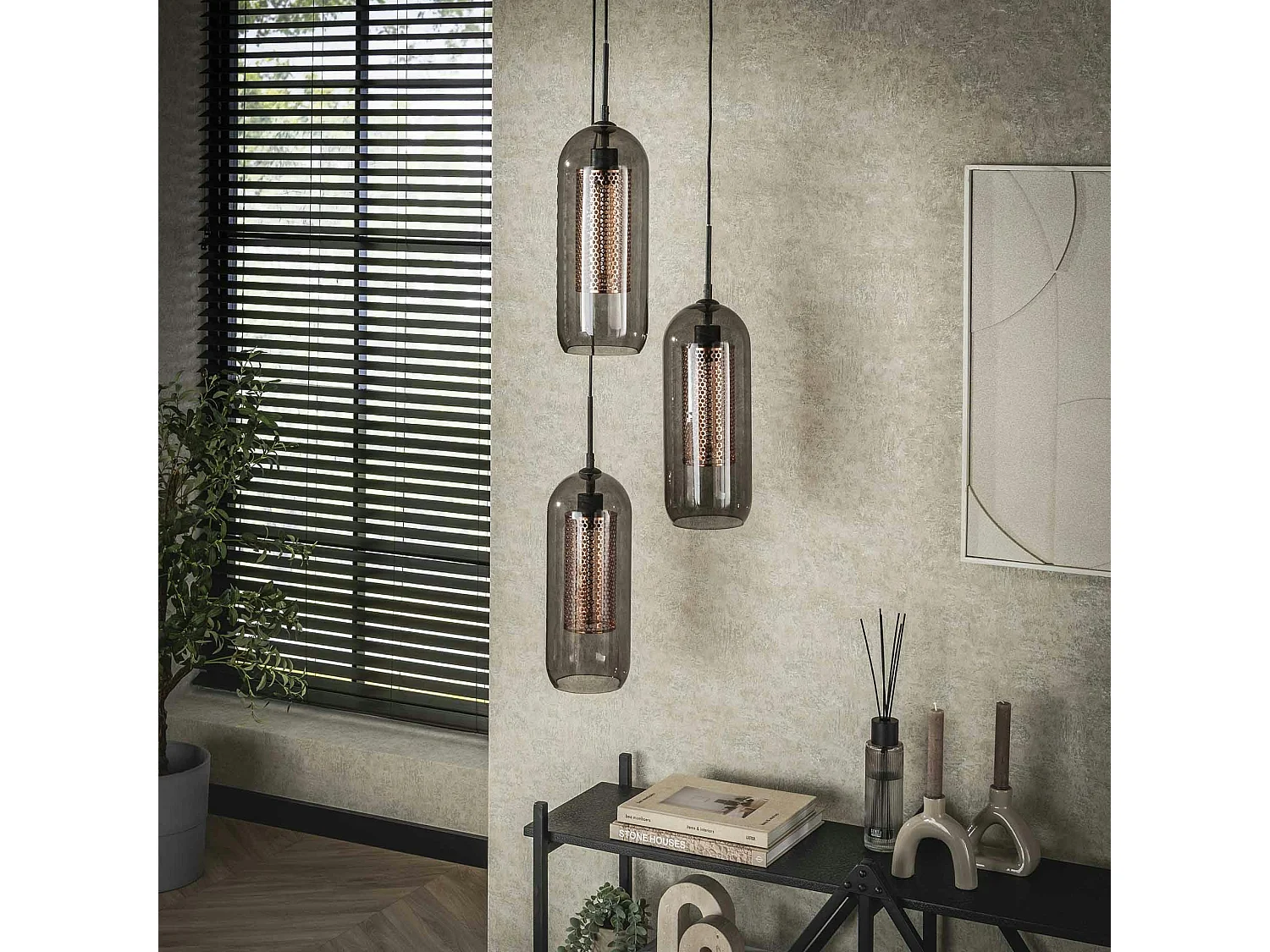 Suspension en verre fumé et métal cuivré 3 lampes NOVA