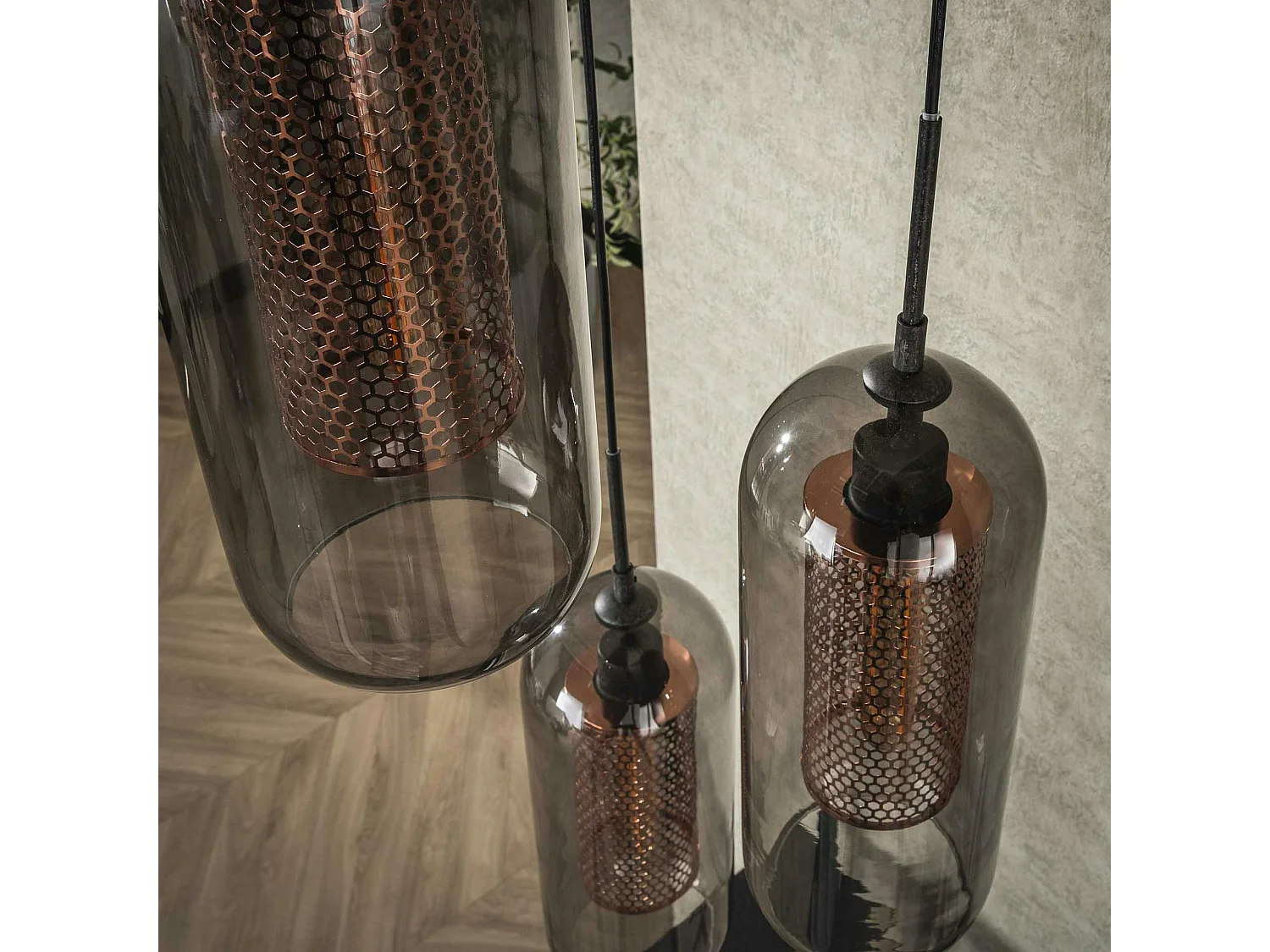 Suspension en verre fumé et métal cuivré 3 lampes NOVA