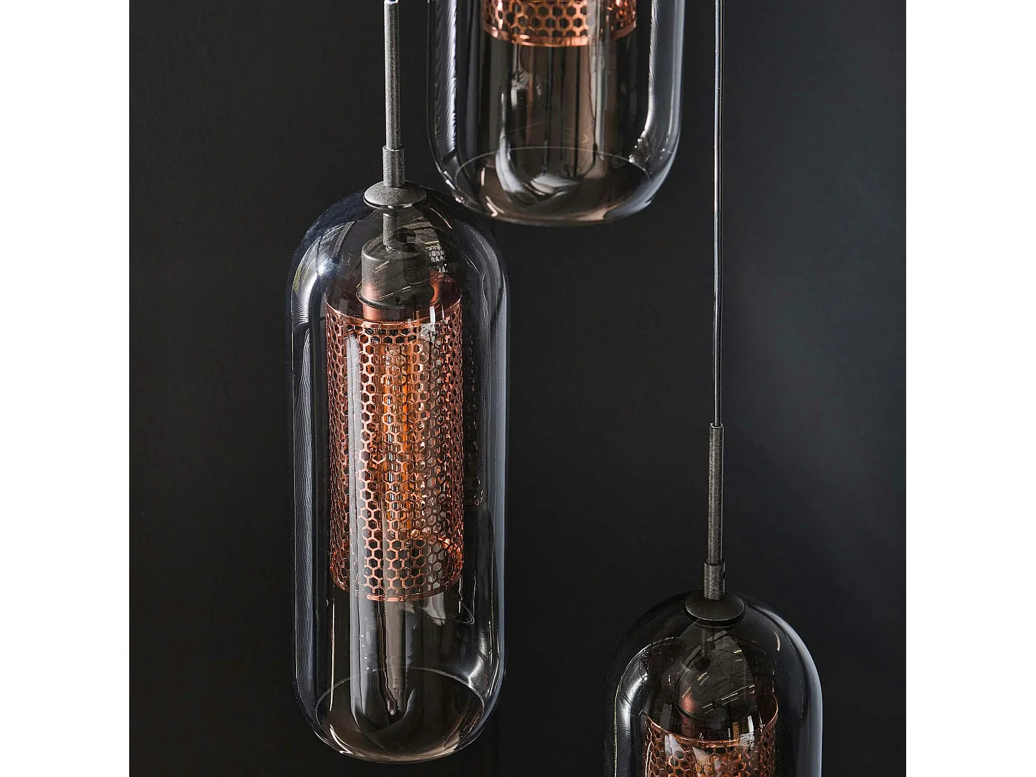 Suspension en verre fumé et métal cuivré 3 lampes NOVA