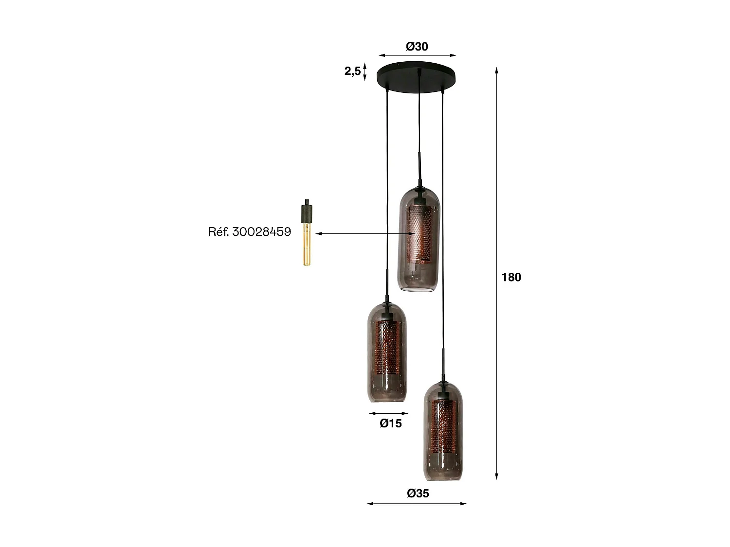 Suspension en verre fumé et métal cuivré 3 lampes NOVA