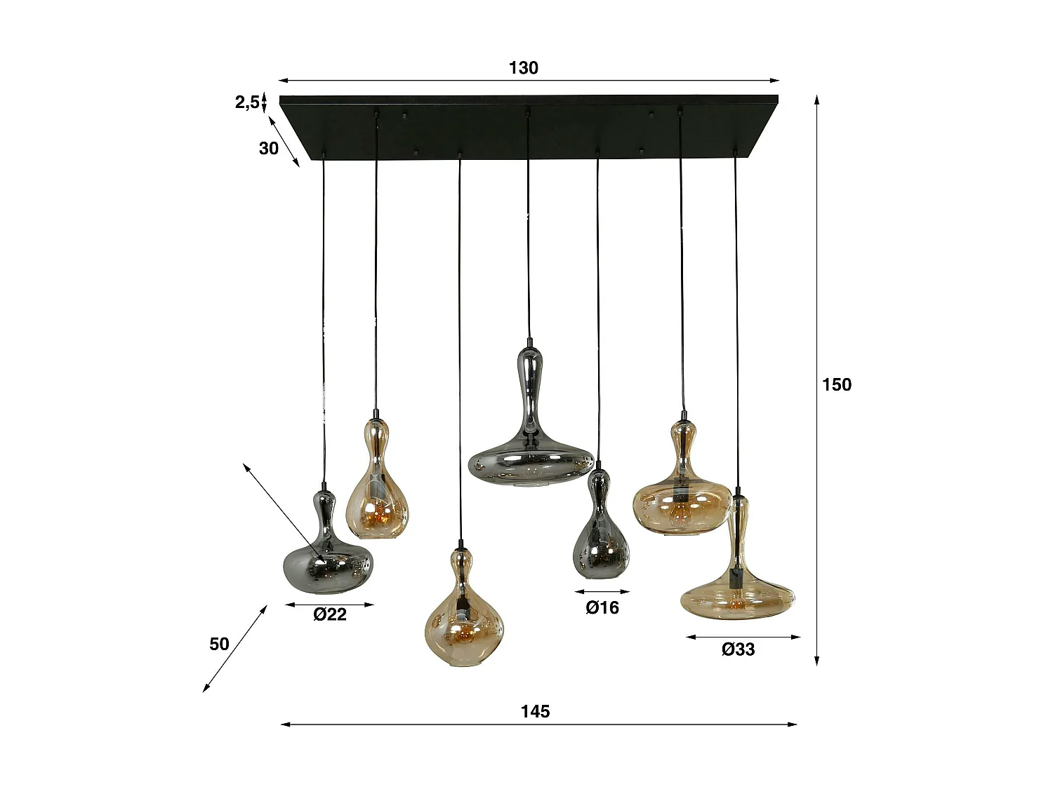 Suspension multiple en verre teinté 7 lampes NOVA